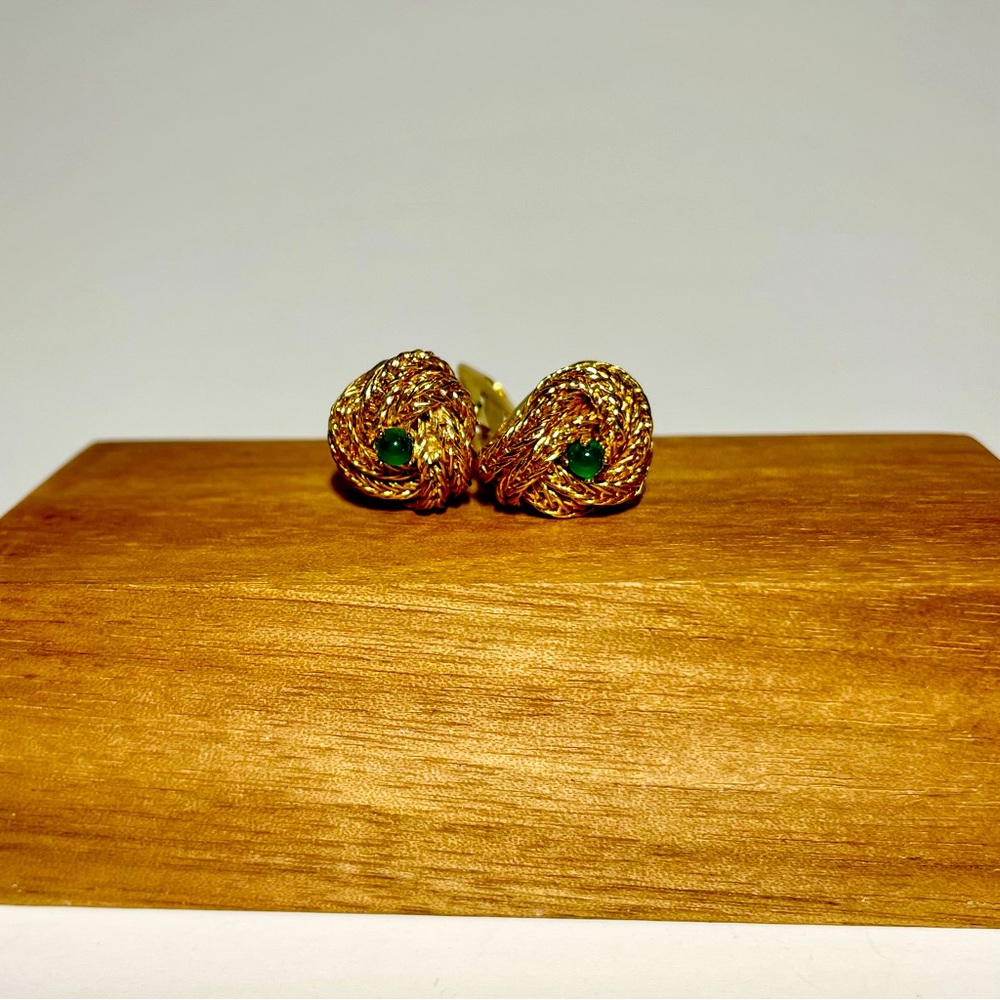 GROSSE Signed Germany 1962 Gold Plated Love Knot Green Cab Clip On Earrings